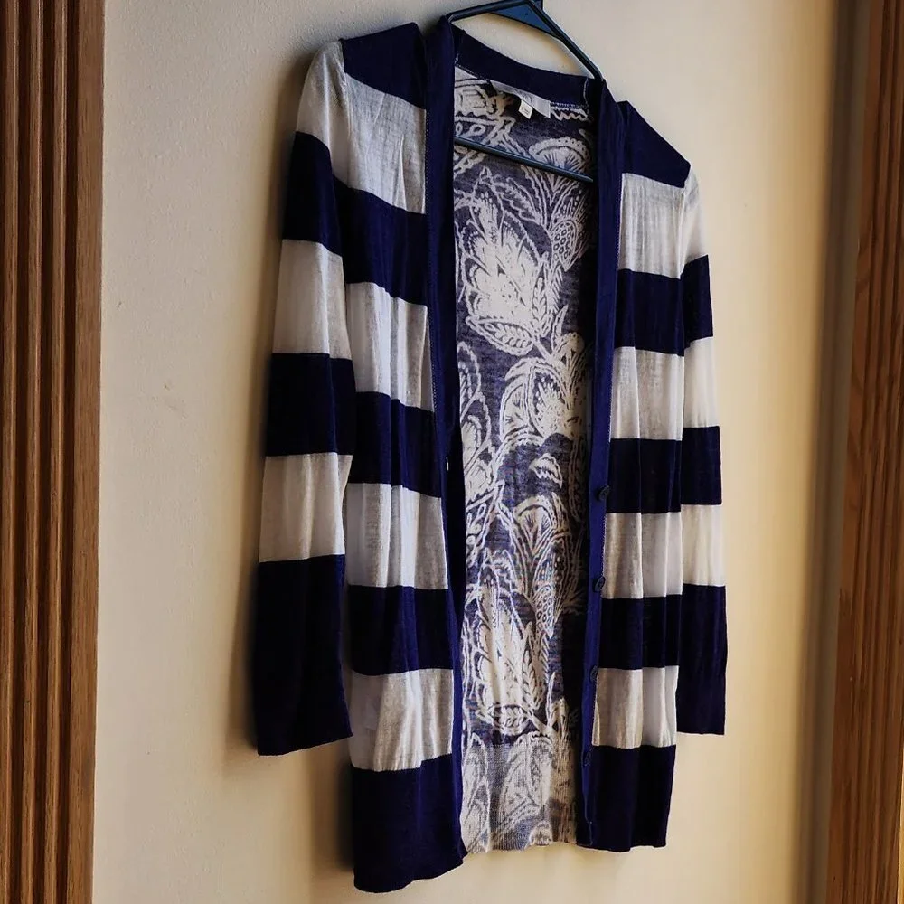 LOFT Purple/White Striped Mixed Media Cardigan Sweater Size Small - Picture 7 of 15